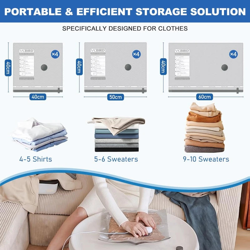 Vacbird Vacuum Bags for Clothes Travel, Pack of 12 Vacuum Bags with Pump (4 x 40 x 40 cm, 4 x 40 x 50 cm, 4 x 40 x 60 cm), Reusable, Suitable for Moving, Travel and Storing Seasonal Clothing