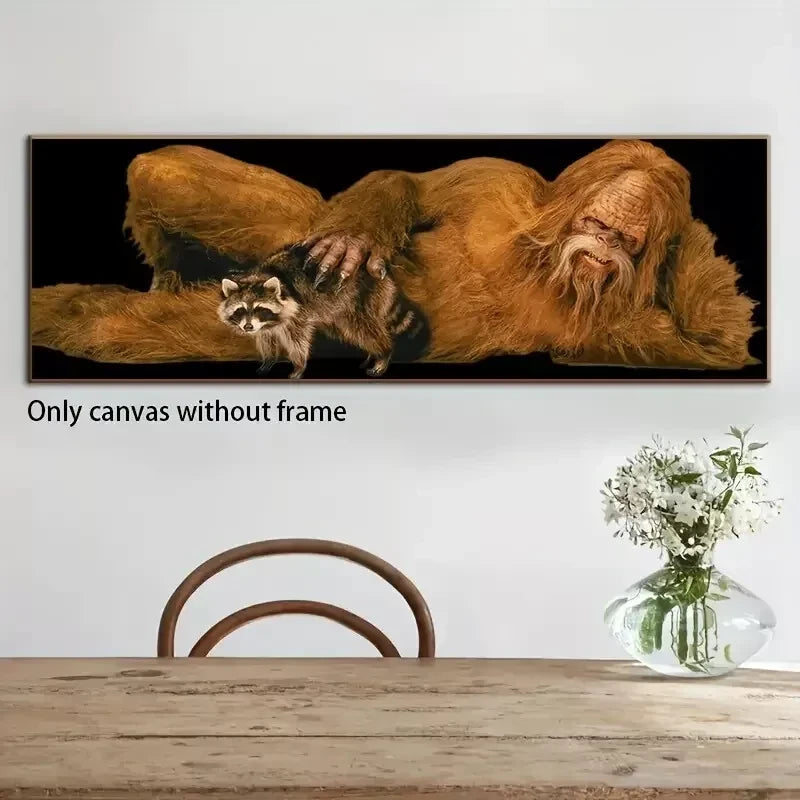 Unbranded Bigfoot with Raccoon - Unframed Canvas Print - 60" x 20" - Sasquatch at his Best