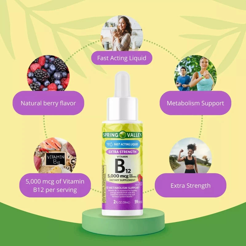 Spring Valley Liquid Vitamin B12, 5000mcg, Metabolism Supplement, Berry, 2 fl oz
