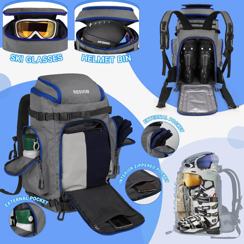 RESVIN Ski Boot Bag, 60L Durable Travel Backpack, 1680D Nylon Waterproof Snowboard Boot Bag, Skiing and Snowboarding Travel Luggage for Helmet, Goggles, Gloves, Outerwear & Accessories