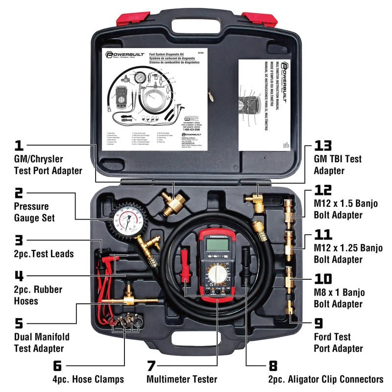 Powerbuilt Fuel System Diagnostic Kit, Pressure Test Gauge, Electrical System Issues, Adapters, Test Leads, Multimeter, Storage Case - 647959