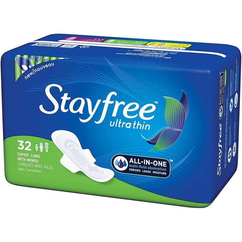 Stayfree Ultra Thin Super Long Pads with Wings For Women, Reliable Protection and Absorbency of Feminine Moisture, Leaks and Periods, 32 count