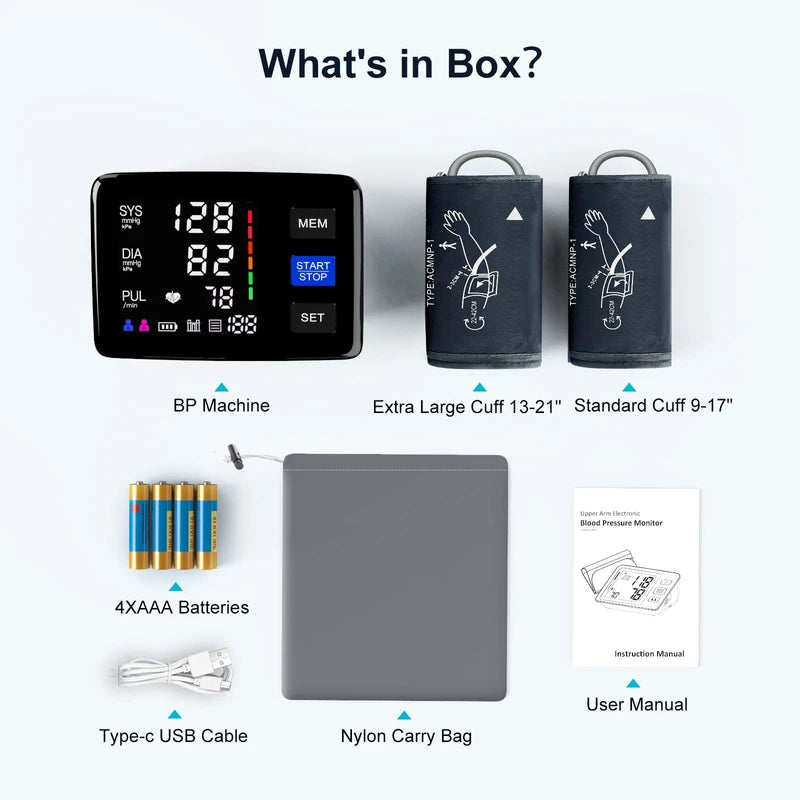 Blood Pressure Monitor, 9-17'' & 13-21'' Extra Large Blood Pressure Cuff Upper Arm, LED Color Backlit Screen Automatic Digital Blood Pressure Machine with USB Cable and 4 AAA Batteries