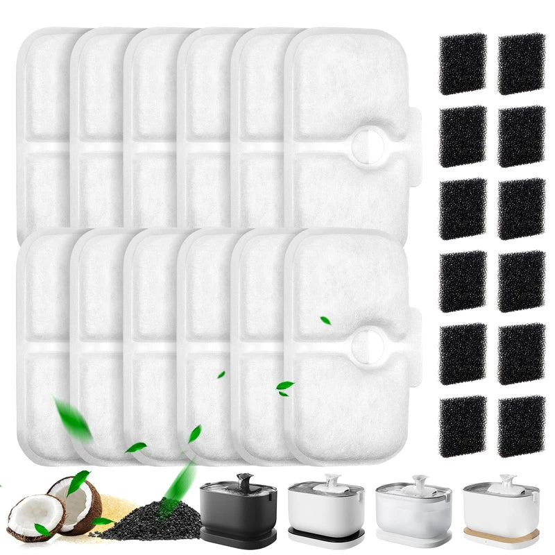 24 Pcs Replacement Filters for Dockstream Cat Water Fountain PLWF105/PLWF115/PLWF005, 12 Pack Pet Water Fountain Filters with 12 Pack Pre-Filter Sponges