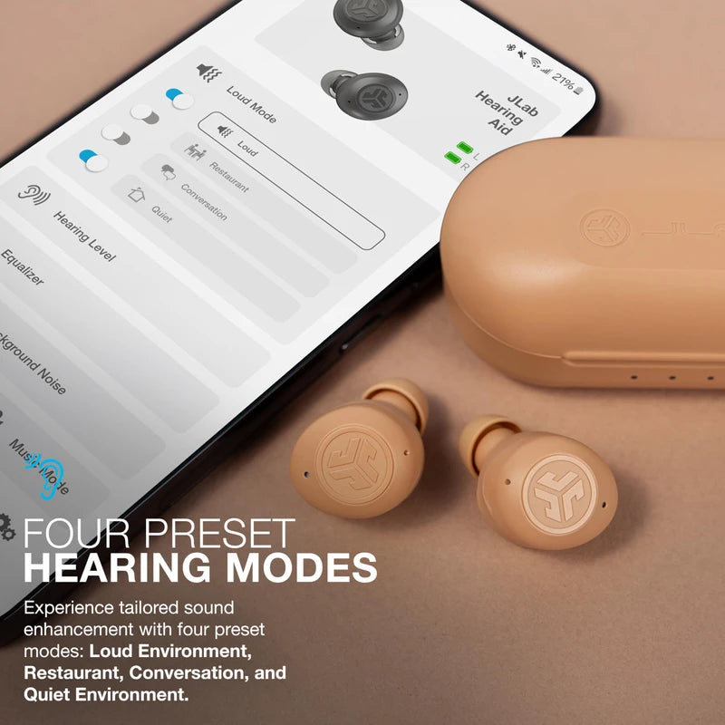 JLab Hear OTC Hearing Aid & Earbuds, Beige, Traditional Earbud Fit, Four Preset Hearing Modes, In-Ear Detection and Built-in Feedback Suppression, Independent Volume Control and Touch Controls
