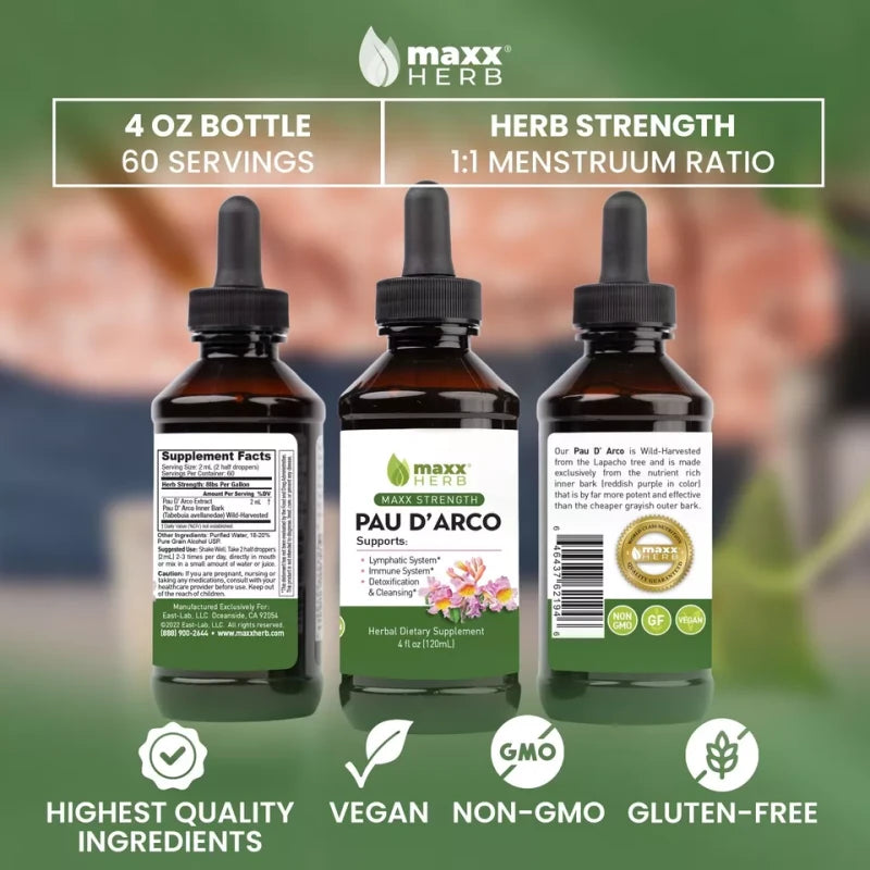 Maxx Herb Pau D' Arco Extract, Taheebo Tea Inner Bark for Detox & Cleansing, 4oz | Maxx Herb Extracto de Pau D'Arco - Corteza Interna de Taheebo para Desintoxicación y Limpieza - 4 oz