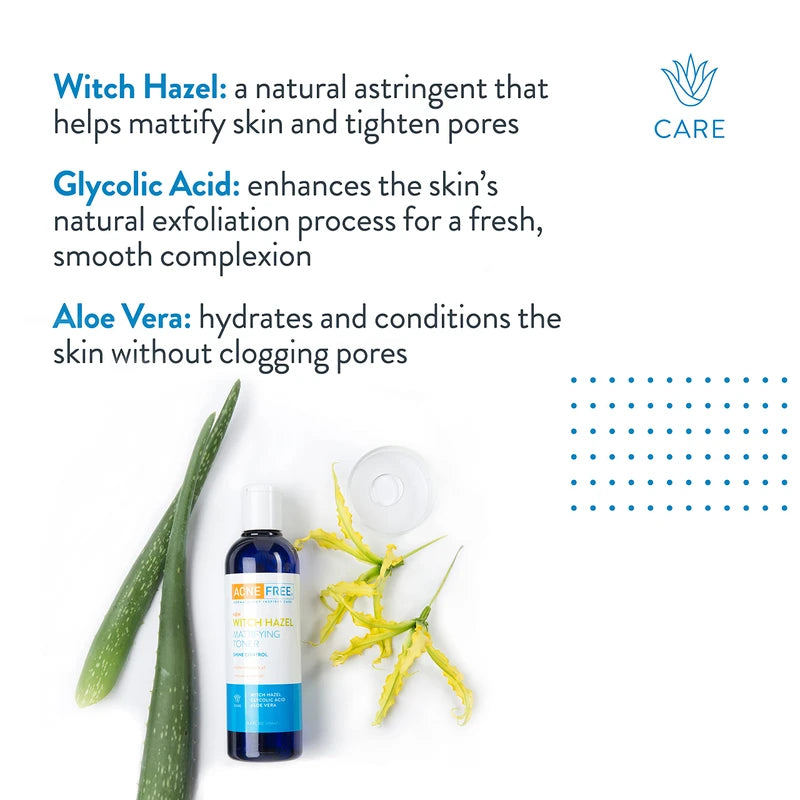 AcneFree Witch Hazel Mattifying Toner With Glycolic Acid, Aloe Vera, 8 Ounce - Pack of 2