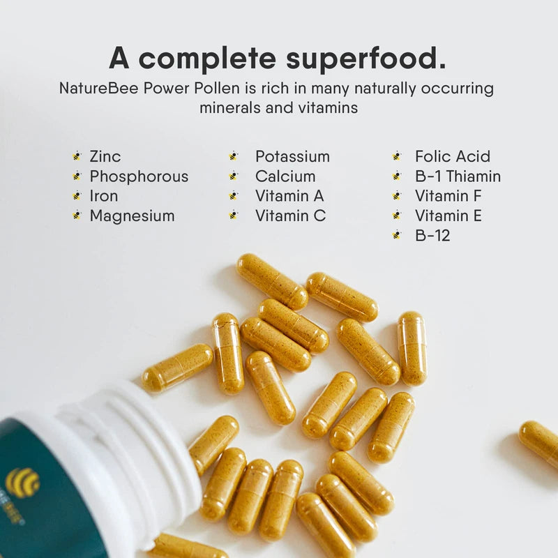 NatureBee Power Pollen 60 x 500mg Caps | Energy, Immune, and Cognitive Support | Potentiated Bee Pollen | Natural & Organic Superfood | 1 Month Supply