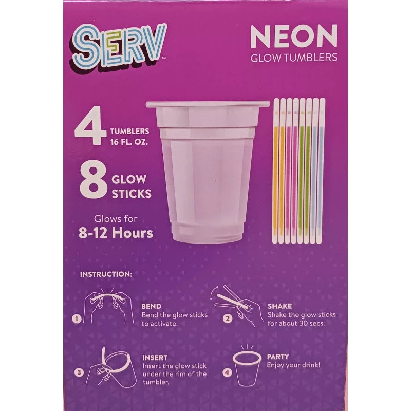 Serv 16 Oz 4 Colors Serv Neon Glow Tumblers For Cold Drinks Glow Sticks NEW 4 PacK