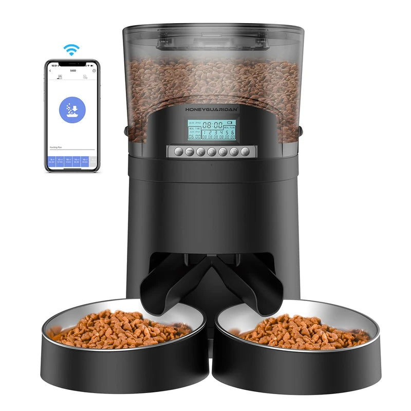 HoneyGuaridan 4.5L Automatic Cat Feeder for 2 Cats,Wi-Fi Smart Pet Feeder,Timer Cat Food Dispenser for Cats & Dogs, APP Control,Desiccant, Voice Recorder,Stainless Steel Bowl (Black)