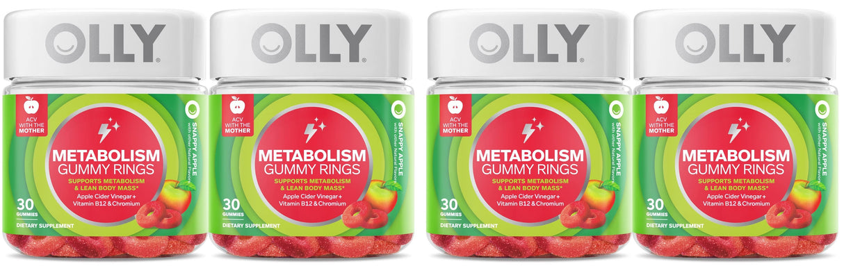 4 Pack OLLY Metabolism Gummy Rings, Apple Cider Vinegar, Vitamin B12, Chromium, Energy and Digestive Health, Chewable Supplement, Apple Flavor, Twin Pack - 120 Count