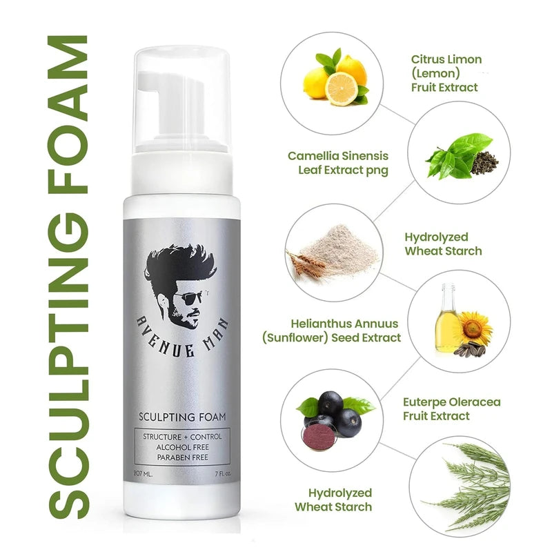 Avenue Man Unscented Sculpting Foam - 7 Oz Firm Hold Volumizing Hair Mousse for Men with Herbal Extracts Styling Hair Products - Fragrance, Alcohol, and Paraben-Free Hair Volumizer