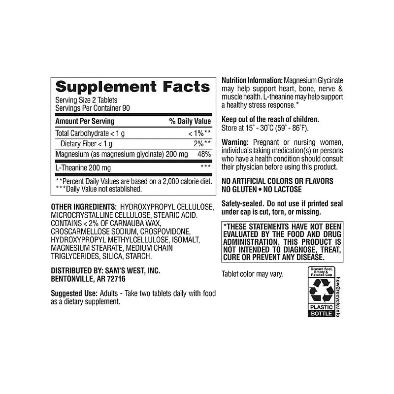 Member's Mark Magnesium Glycinate with L-Theanine Tablets, 180 ct.
