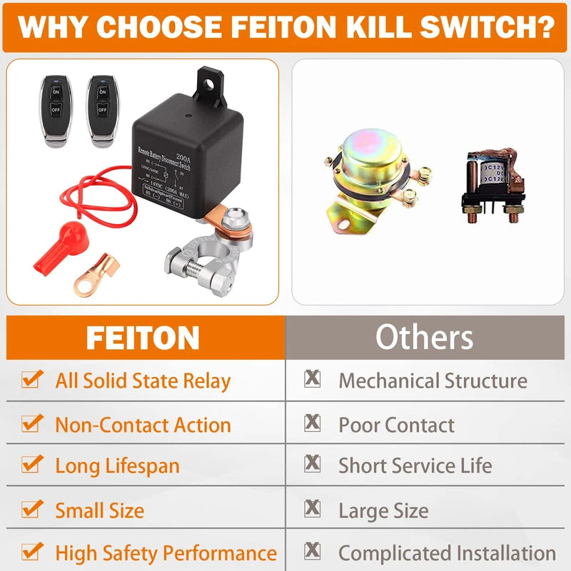 FEITON 200A Rated 360A Starting Current Remote Battery Disconnect Switch DC 12V Remote Control Isolator Kill Switch for Car Anti-Theft Prevent Battery Drain