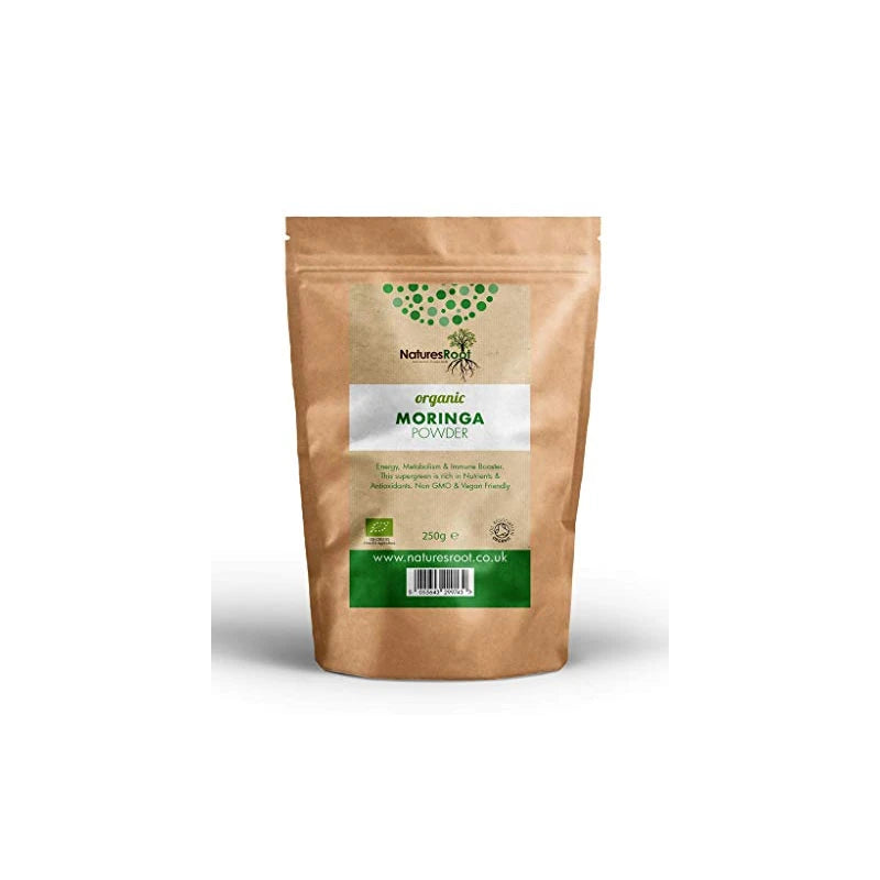 Nature’s Root Organic Moringa Powder 250g - 100% Natural Green Superfood | Vegan Whole Food | Non-GMO | High in Antioxidants | Dietary Fibre | Kraft Paper Pouch
