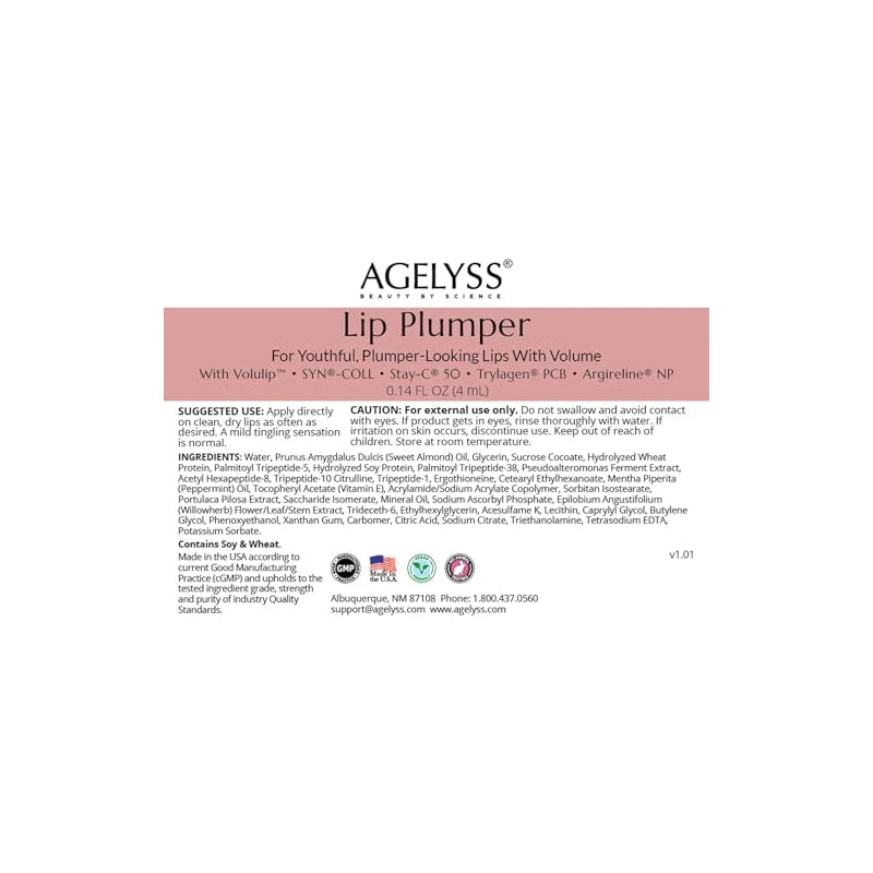 Agelyss Lip Plumper - Deep Hydration - Lip Volume, Collagen Boost, Plumping - Paraben-Free, Cruelty-Free, Vegan - .14 FL OZ - Pack of 1