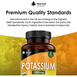 Potassium Supplements High Strength - 180 Vegan Potassium Tablets Mineral Electrolytes Supplement Contributes to Normal Muscle Function, Nervous System - Gluten-Free, Non-GMO, Made in UK by New Leaf