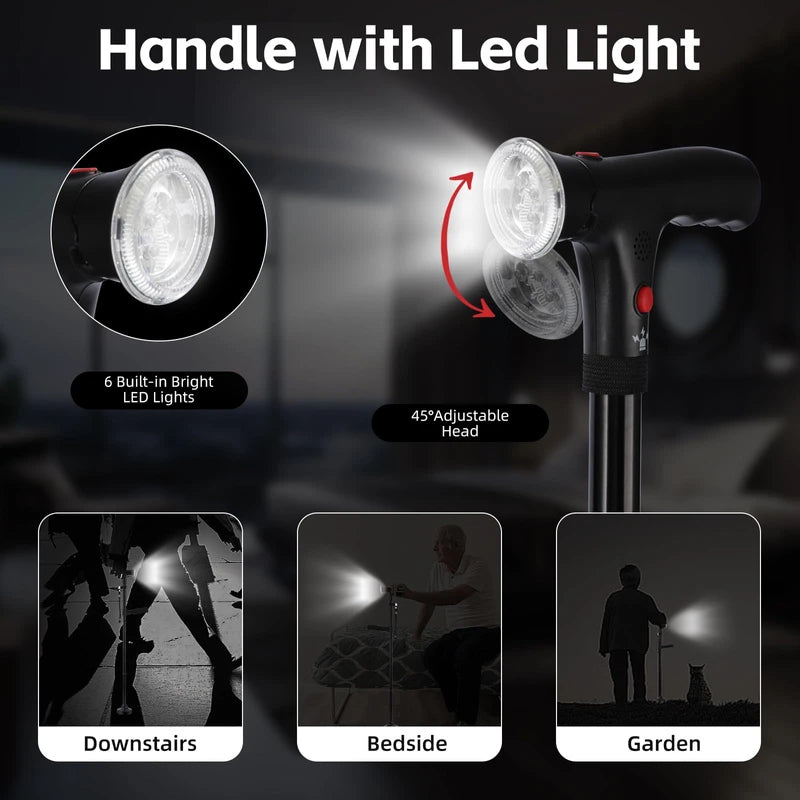 Folding Cane With Led Light And Alarm, With Side Handle, Folding, Adjustable Cane Suitable For Arthritis Disabled And Elderly, Cane With Cushioned T Handle And Swivel Four Pedestal, WalkingCanes,Black