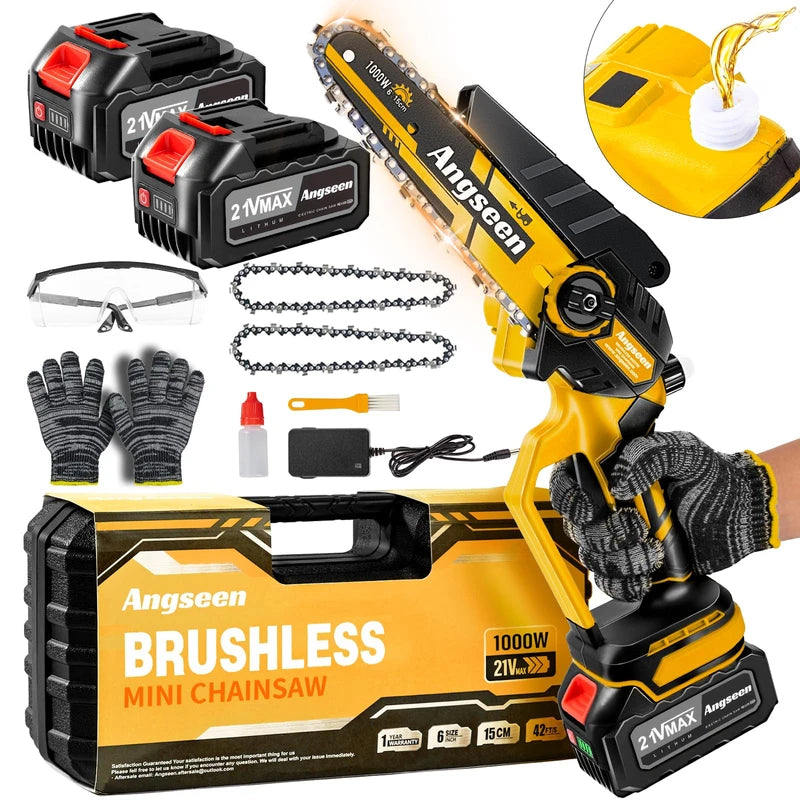 Mini Chainsaw 6 Inch,1000W Brushless Motor Electric Chainsaw Cordless with 8000mAh Batteries & Auto Oiler-System, Small Chainsaw Battery Powered for Tree Branches Trimming Wood Cutting Yellow