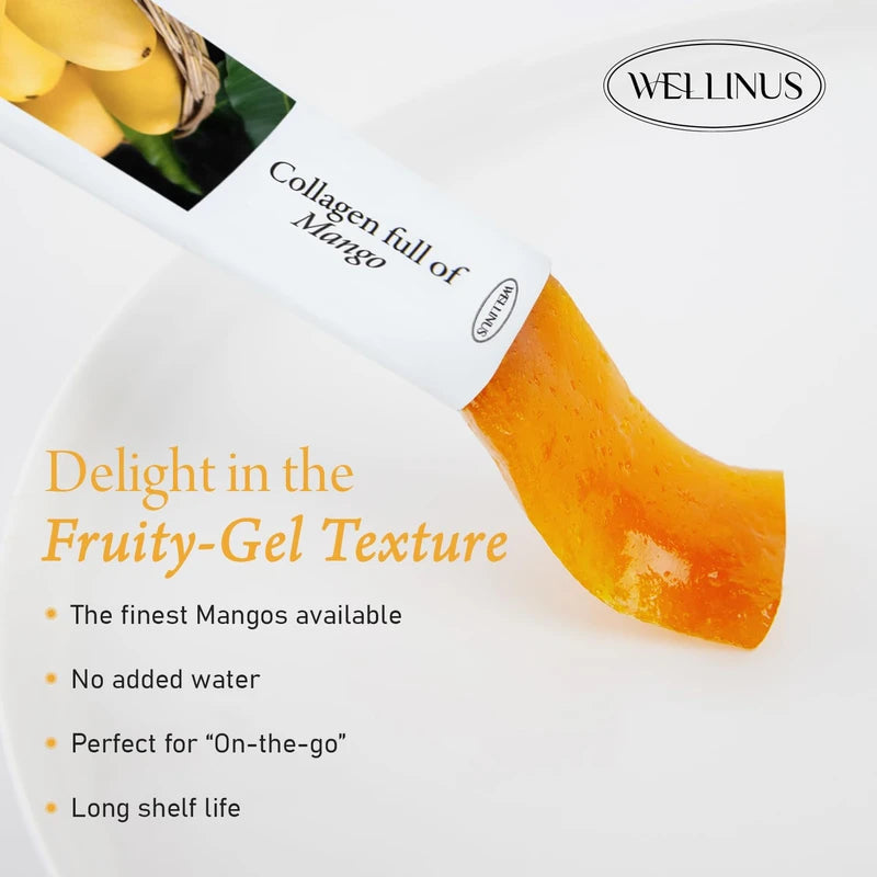 WELLINUS Collagen Full of Mango, Jelly Stick, Marine Collagen, Fast Absorbing, Snack, Ultra-Low Weight Molecular Marine Collagen, HACCP Certified, 22.05 oz/Pack of 25