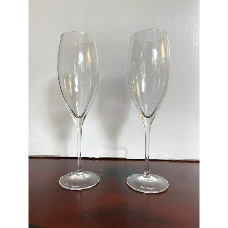 Dom Perignon Signed DOM PERIGNON Crystal Etched SHIELD LOGO 9 1/8" CHAMPAGNE FLUTES Set Of 2