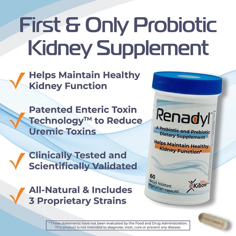 Renadyl Kidney Probiotic Supplement | Urea, Creatinine, & Uric Acid Support | 45 Billion CFUs | Clinically Tested, Non-GMO, & Made in USA, 60 Capsules (1 Bottle, 1 Month Supply)