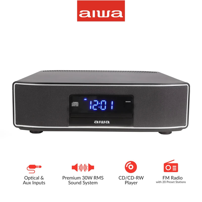 Aiwa AIWA Exos Home Speaker, Premium 30W RMS Sound System with CD Player, Bluetooth Connectivity, FM Radio, Optical Digital Input, Dual 1 Tweeters + Dual 2 Bass Units, IR Remote Control