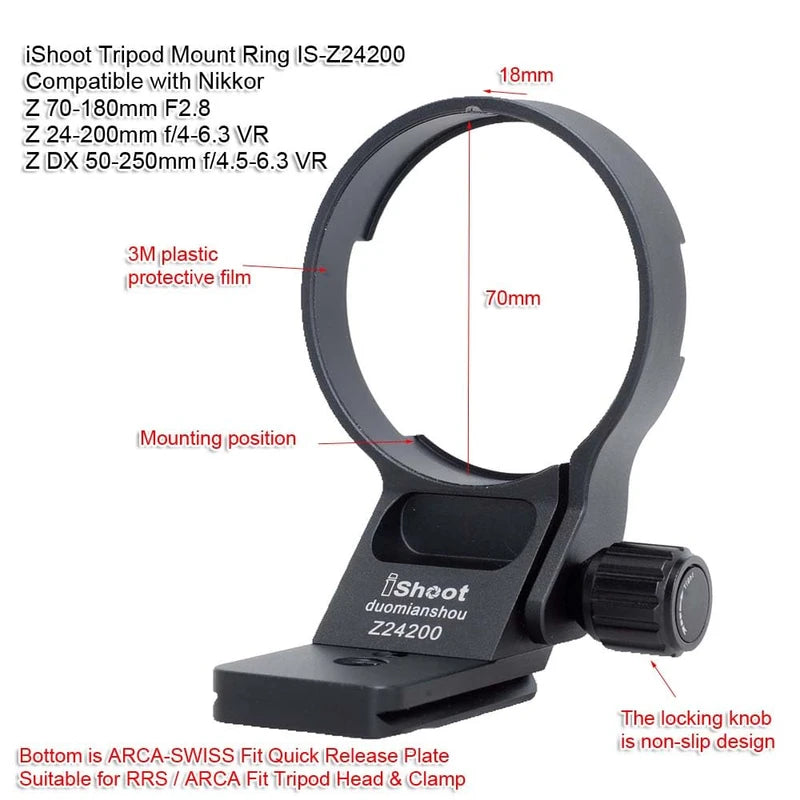 Lens Collar Tripod Mount Ring Compatible with Nikon Nikkor Z 70-180mm F2.8, Z 24-200mm f/4-6.3 VR, Z DX 50-250mm f/4.5-6.3 VR (Z-Mount), Support Bracket Holder is Arca-Swiss Fit Quick Release Plate