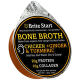 Brite Start Bone Broth - Chicken + Ginger & Turmeric - 4 Count - Keto Friendly Concentrate with 16g Collagen, 20g Paleo Protein - Made from Free Range Chicken Bones - Single Serve Packets