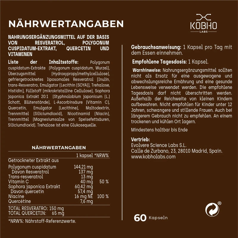 Transresveratrol Kapseln mit Quercetin + Nicotinamid und Vitamin C | Gewichtsreduktion, Antioxidans und Anti-Aging Kapseln | Maximale Absorption | Vegan und frei von Allergenen