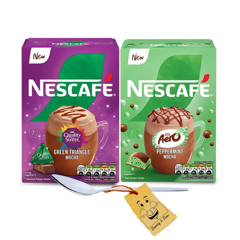 Instant Coffee Bundle Which Includes: 2x Mocha Nescafe Sachets : 1x Quality Street Green Triangle & 1x Aero Peppermint (7 instant coffee sachets each) Bundled With 1 x Coffee Spoon by Donny & Dev