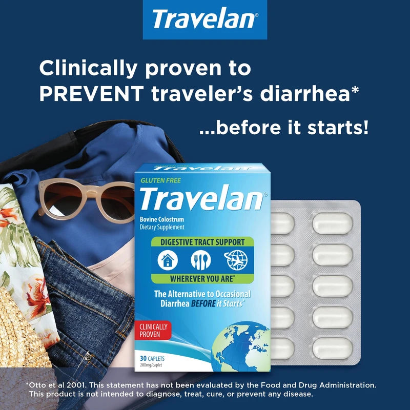 Travelan Anti Diarrhea Pills Help Prevent Traveler's Diarrhea Before It Starts, Clinically Proven, Travel Medicine, Drug-Free Colostrum, Natural Digestive and Immune Support Supplement, 30 Count