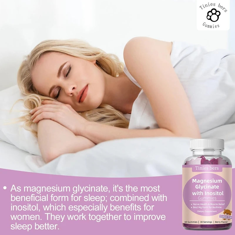 Magnesium Glycinate Gummies 400mg with Inositol 500mg - Sugar-Free, Vegan, Non-GMO - Supports Sleep, Stress Relief, Muscle & Metabolism Health - No Melatonin, Gluten-Free - 60 Pectin Gummies