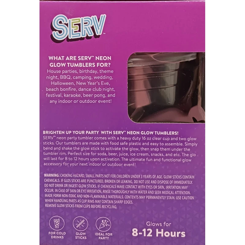 Serv 16 Oz 4 Colors Serv Neon Glow Tumblers For Cold Drinks Glow Sticks NEW 4 PacK