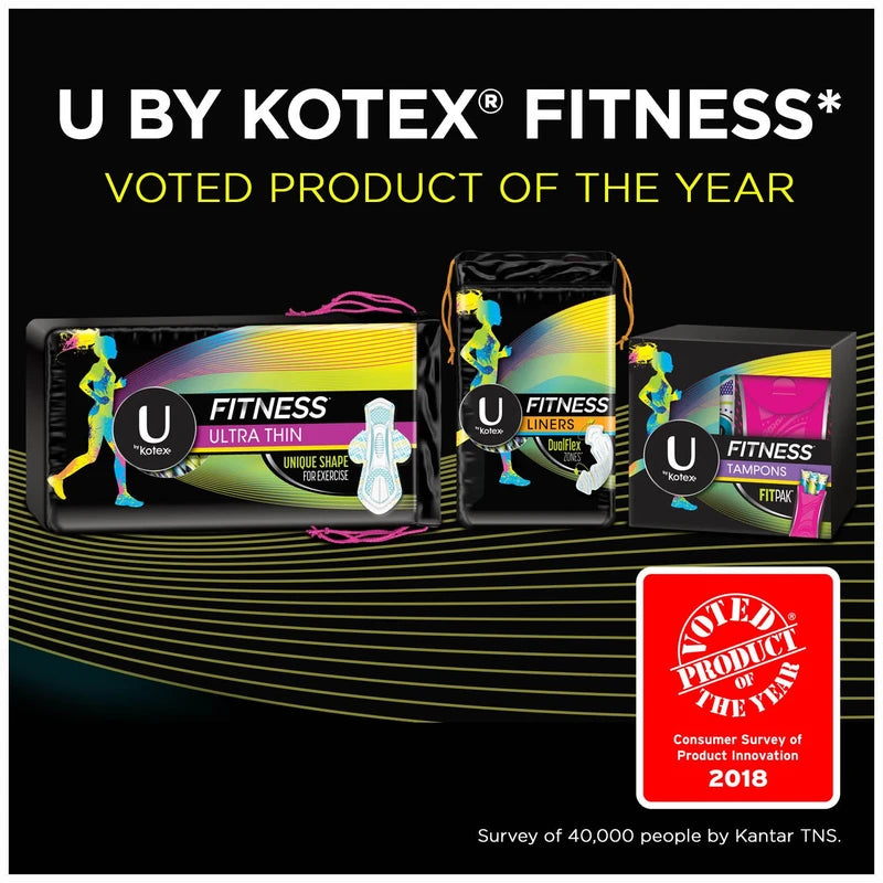U by Kotex Fitness Ultra Thin Pads with Wings, Regular Absorbency, Fragrance-Free Pads, 15 Count