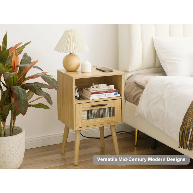 Labcosi Mid Century Modern Nightstand with Charging Station, Natural Tan End Table, Bedside Tables for Living Room and Bedroom, Natural Wood Side Table with Storage Drawer