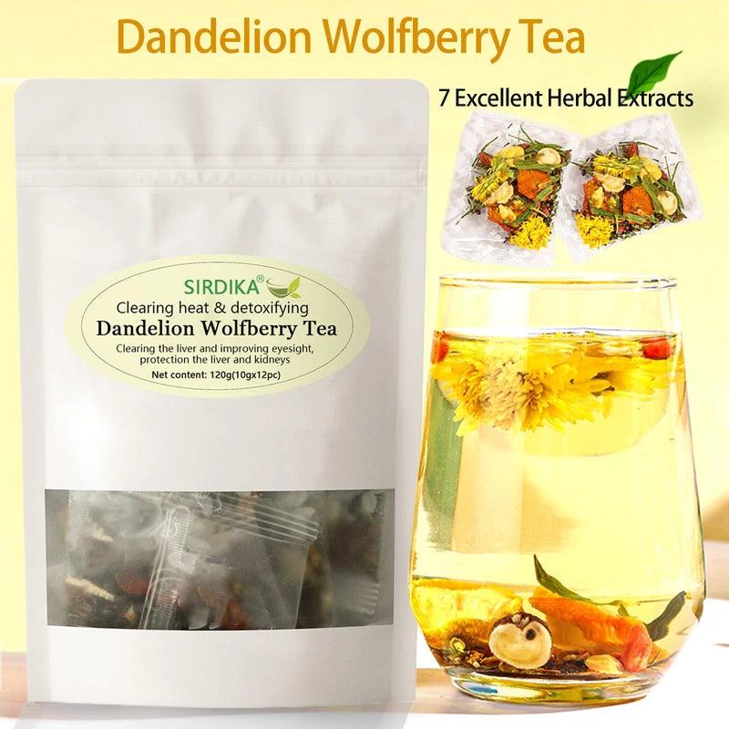 Dandelion Wolfberry Tea - Kidneys & Liver Health Tea, Seven Herbal Ingredients Natural Blend, Dandelion Chinese Wolfberry Tea Bags Organic 120g/12PC (1Bag(12Pcs))