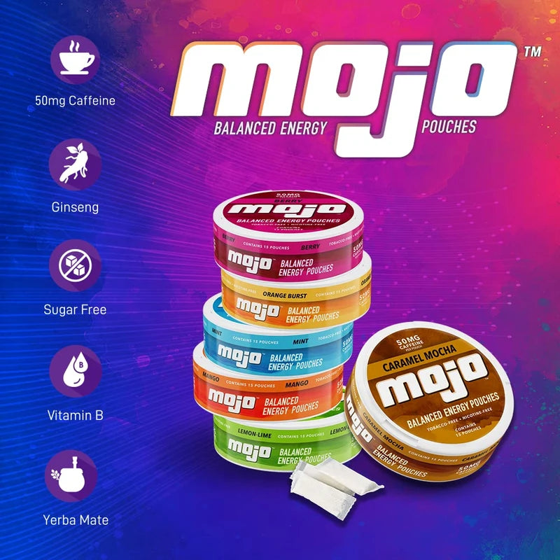 Mojo™ Balanced Energy Pouches | Healthier Energy Drink Alternative | Zero Sugar & Calorie-Free with Ginseng, Yerba Mate, B-Vitamins, and Amino Acids | 15 Pouches Per Can | 5 Cans of Lemon Lime