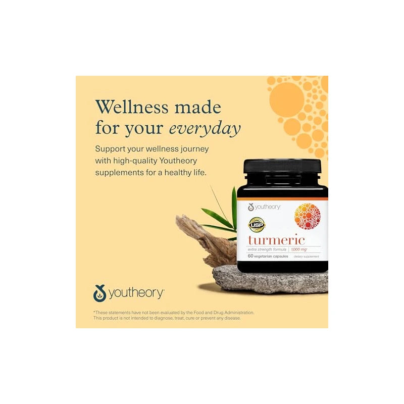 Youtheory Youtheory Turmeric Extra Strength - 1,000 mg Turmeric Supplement - with 10 mg Black Pepper - Curcumin Joint Support* - Soy, Dairy & Gluten Free - 60 Vegetarian Capsules