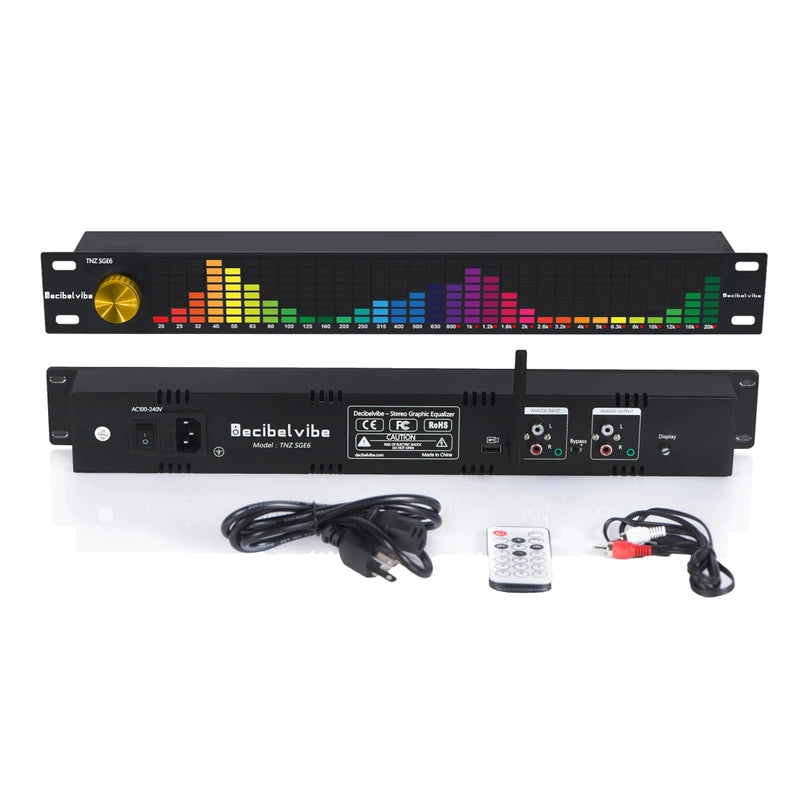 Decibelvibe TNZ SGE6 - Audio Graphic Equalizer with Rear RCA/3.5 Auxiliary Input and Output, Built-in Microphone, USB and Bluetooth Input, Preamp for Home Audio, DJ, HiFi Audio Setup (Gold)