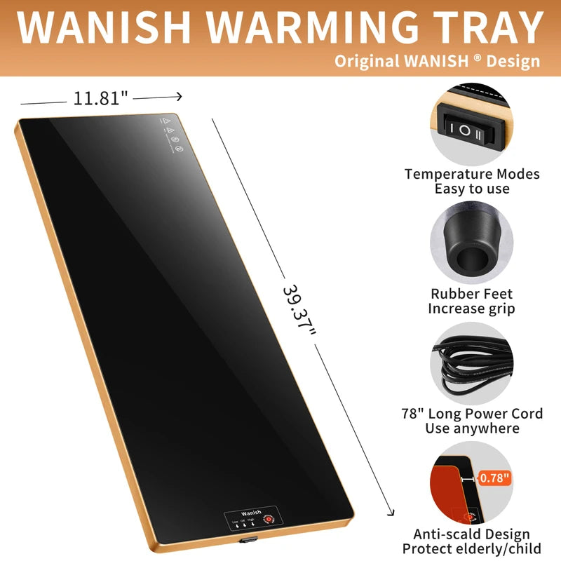 Electric Warming Tray（Extra Long 40”x12”），Food Warmer with Thermostat and Full Surface Heating，Food Warming Mat with 2 Temperature Modes for Parties Buffet，Gatherings，Gold Edge Warming Mat for Food