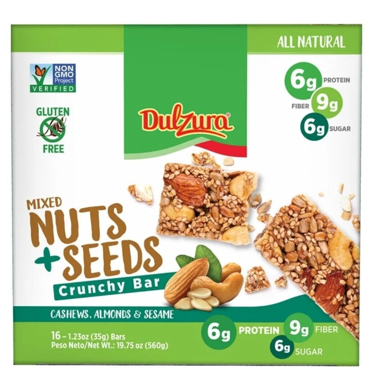 Dulzura All Natural Mixed Nuts + Seeds Crunchy Bars PK-16 GLUTEN FREE NON GMO