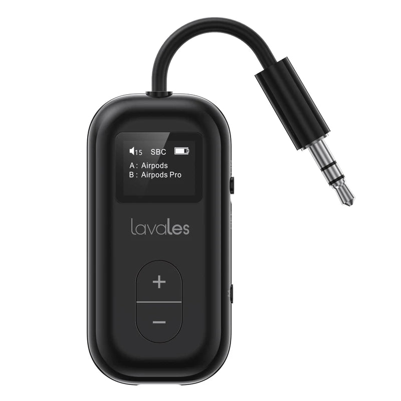 SafeFly Dual Premium Bluetooth 5.3 Transmitter Bluetooth Adapter w/Screen for AirPods or Wireless Headphones - Use with Any 3.5 mm Audio Jack for Airplanes, TV, MP3 Player, PC, Switch