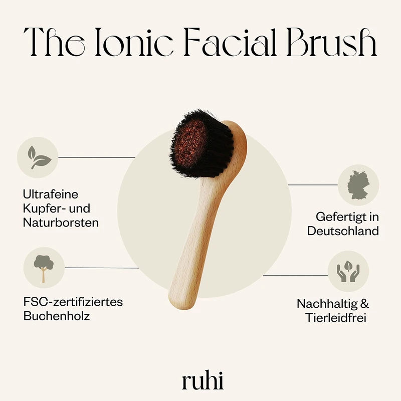 RUHI Monastery Brush Face / Copper Brush / Face Brush Copper Natural Bristles & Plastic Free for Dry Brushing Massage / Made in Germany / Ionic Dry Brush Face / FSC-Certified Beech Wood