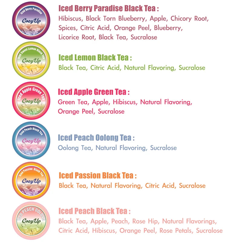 Cozy Up | Sweeten Iced Fruit Tea Variety Sampler Pack Compatible with Keurig K-Cup Brewers (Passion, Lemon, Peach, Berry Black Tea, Apple Green Tea, Peach Oolong), 36-Count