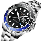 SAPPHERO GMT Watches Men's Swiss Quartz Movement Dual Time Zone 100 m Waterproof Men's Watch Elegant Business Casual Watch Men's Silver Stainless Steel Strap with Luminous Calendar Gift for Men,