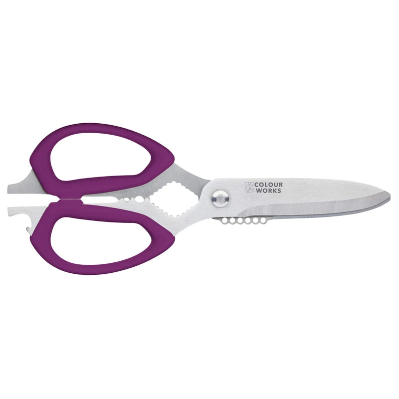Colourworks 10 in 1 Multifunction Kitchen Scissors with Built-In Edgekeeper Scissor Sharpeners, Bottle Openers, Zester and More, Stainless Steel, Plum, 23 cm