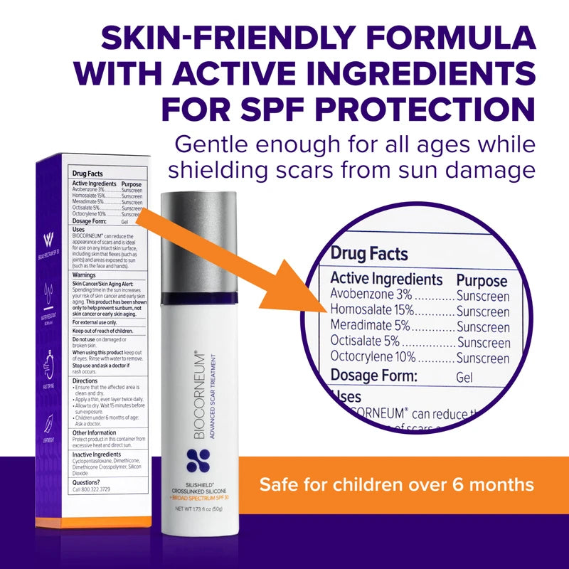 BIOCORNEUM Advanced Scar Treatment with Silishield? & SPF 30 50g C Made in the USA, Fast-Drying, Water-Resistant Silicone Scar Gel - Surgeon Recommended for New & Old Scars - Suitable for Children Over 6 Months