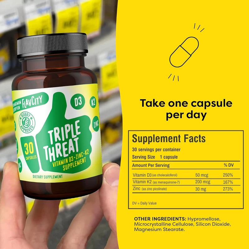 FlavCity Vitamin D Triple Threat, Zinc & Vitamin K2 30-Day Supply (30 Capsules)