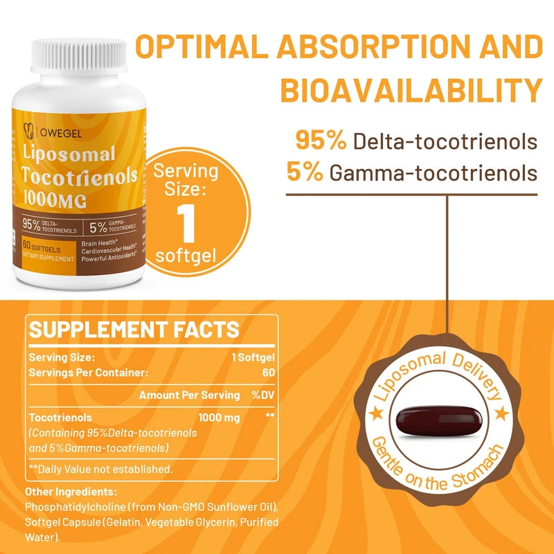 owegel Liposomal Tocotrienols 1000mg - High Bioavailability Vitamin E Tocotrienols Supplements,95% Delta & 5% Gamma Tocotrienol Capsules Support Cardiovascular,Skin,Bone,Antioxidant,60 Softgels
